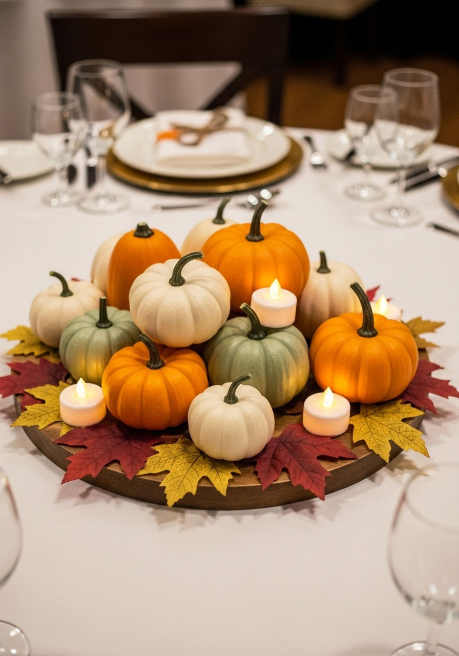 Rustic baby shower centerpiece with mini orange and white pumpkins decorated with autumn leaves.