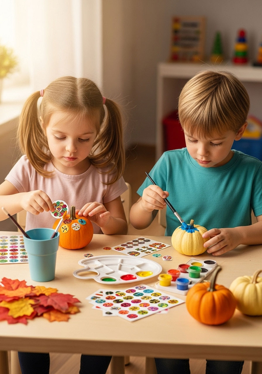 Two young children happily decorating mini pumpkins with stickers and paint at a craft station, a perfect easy Halloween game for toddlers.