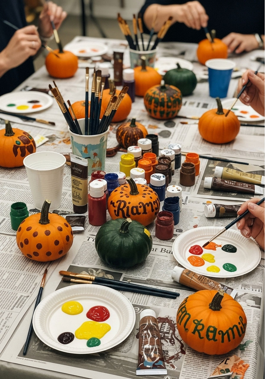 Guests painting mini pumpkins at a creative baby shower activity station.