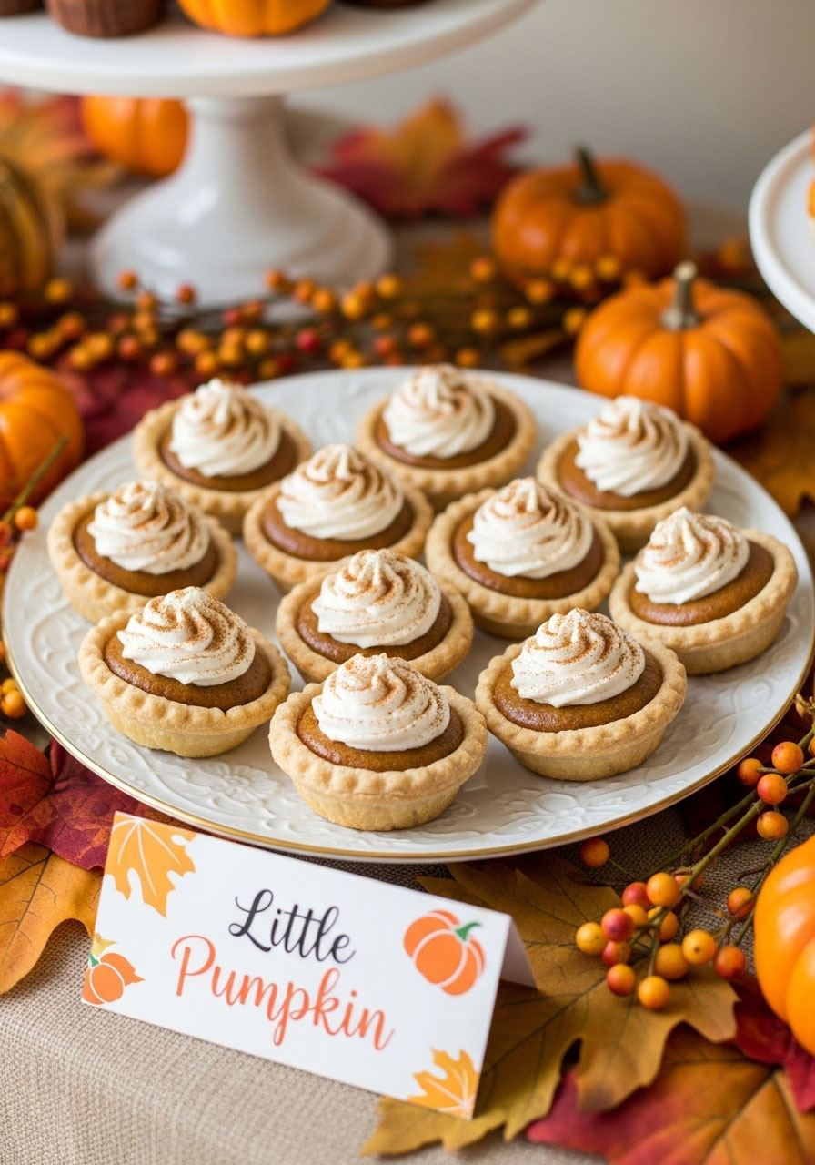 Delicious pumpkin pie bite desserts served at a little pumpkin themed baby shower.