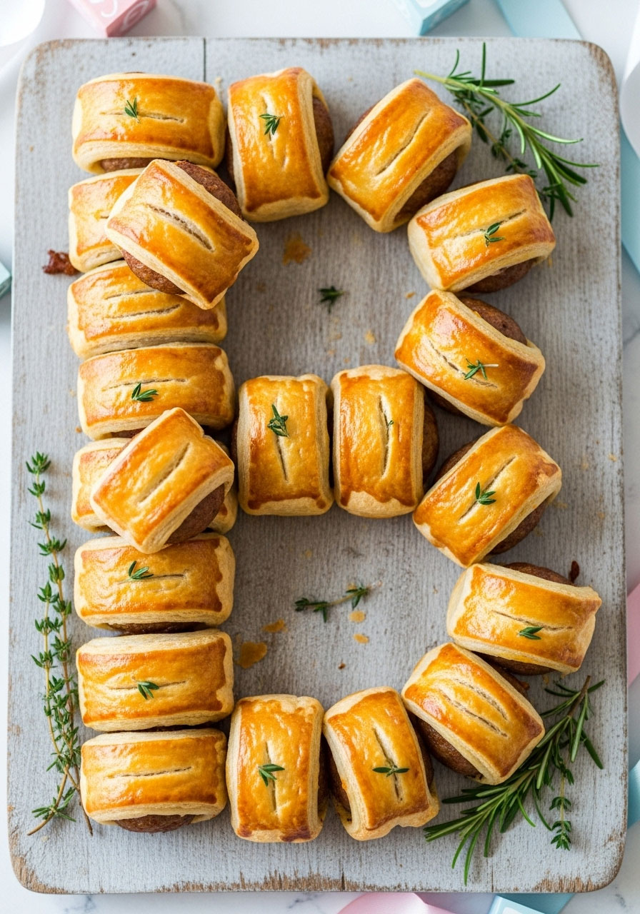 Flaky mini sausage rolls arranged on a large platter to form the shape of the baby's first initial for a personalized touch.