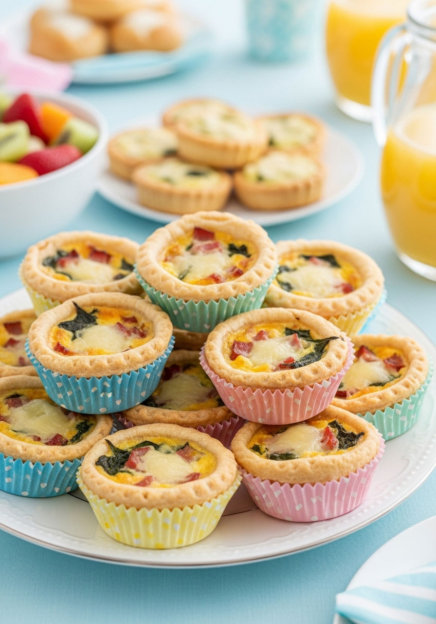 Mini quiches baked in colorful pastel paper liners that match the baby shower theme, making them festive and easy to serve.