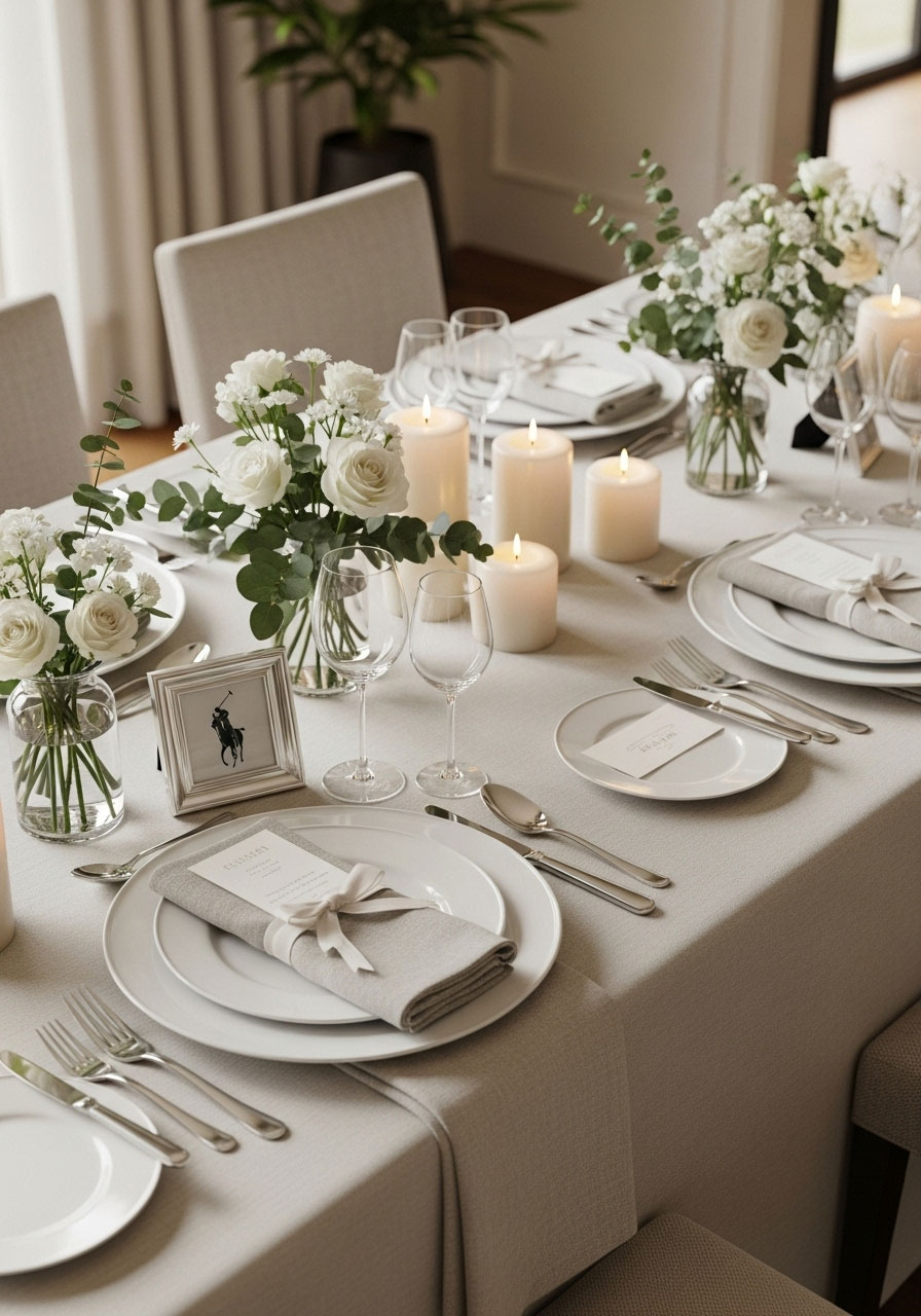 Minimalist sophisticated baby shower setup with neutral cream and white linens and high-quality simple centerpieces