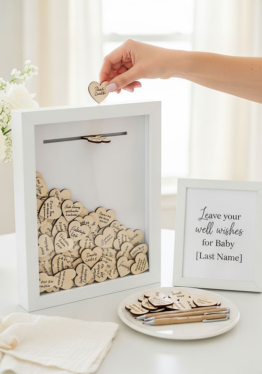 A modern shadow box guest book where a guest drops a signed wooden heart, a creative and fun baby shower activity.