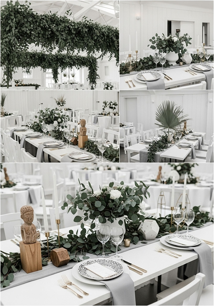 Sleek modern minimalist gender neutral baby shower in whites grays greens with eucalyptus garlands for sophisticated style