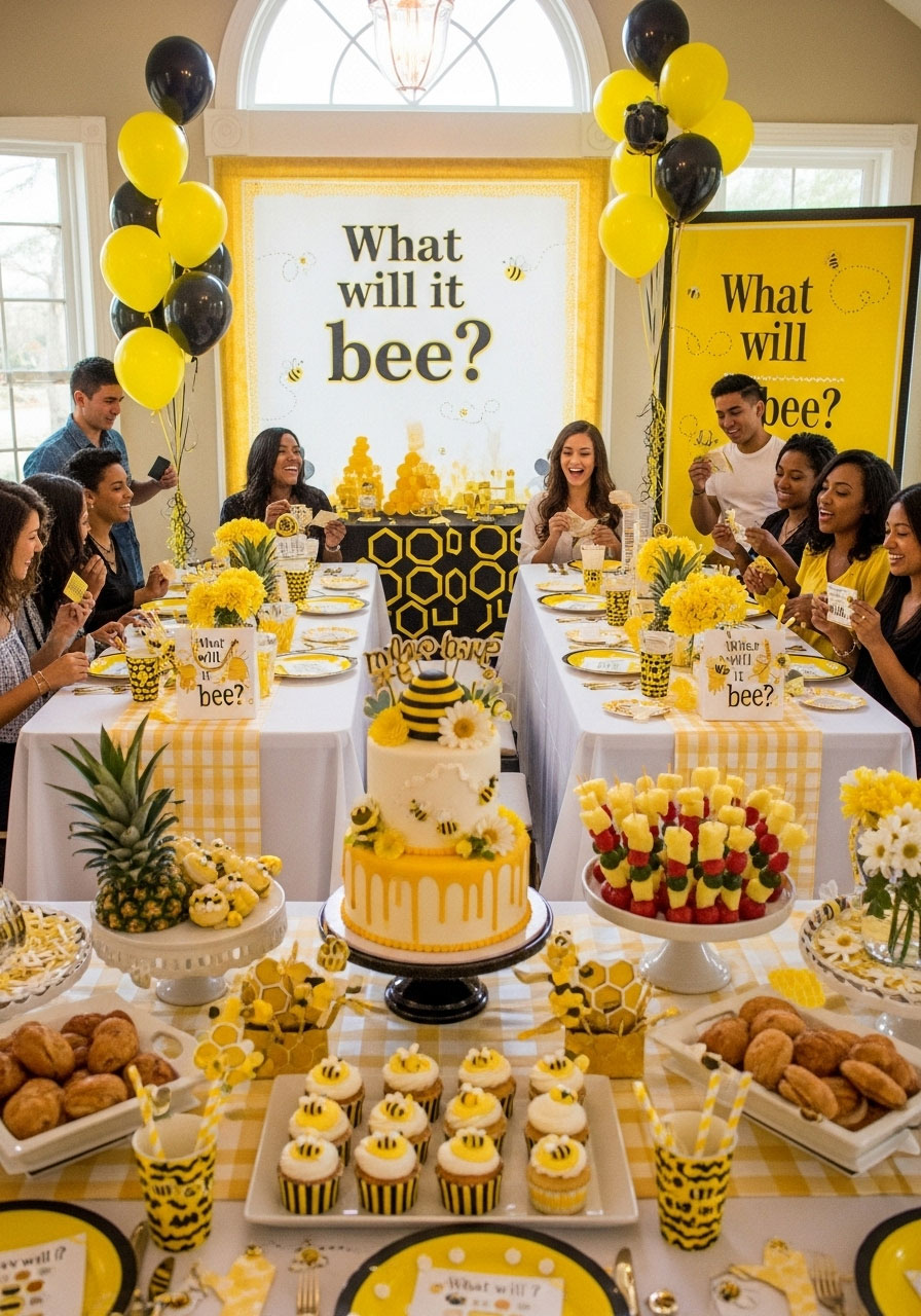 Sweet mommy-to-bee gender neutral baby shower with yellow honeycomb, bee snacks, and guessing game for buzzing excitement