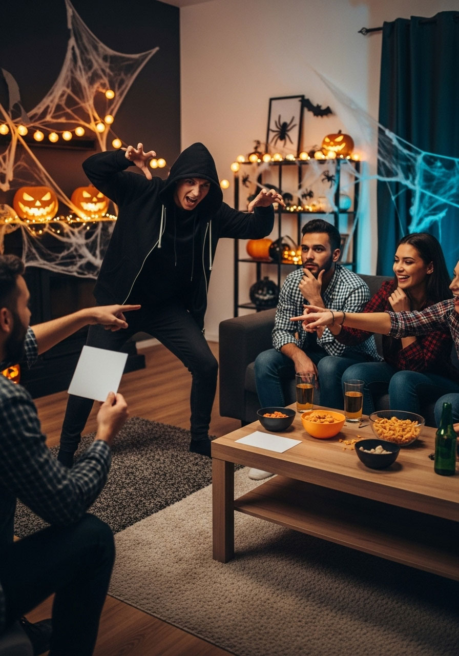 Halloween monster charades spectacular carnival game with players acting out spooky characters for team guessing game