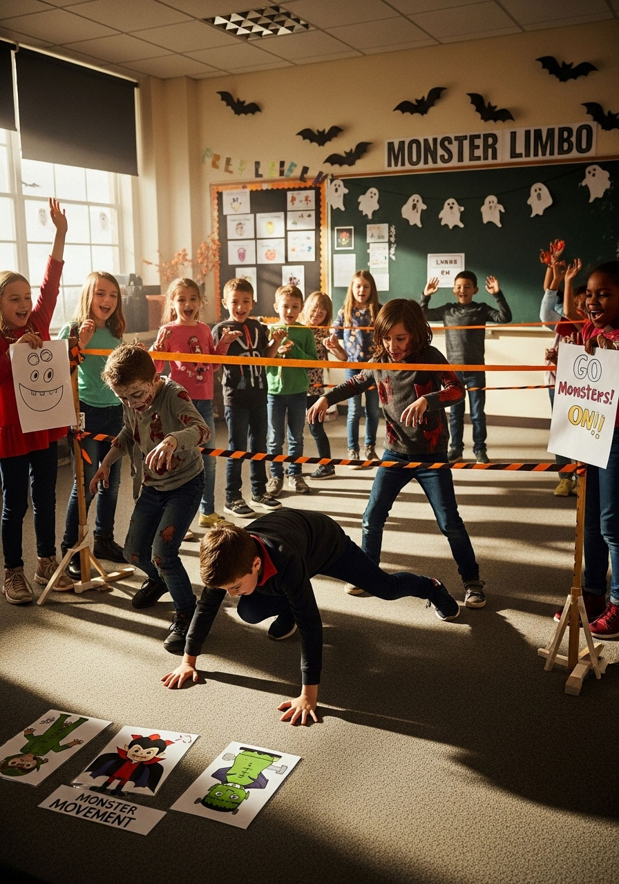 Children doing limbo while moving like monsters under orange and black streamers during Halloween classroom party contest