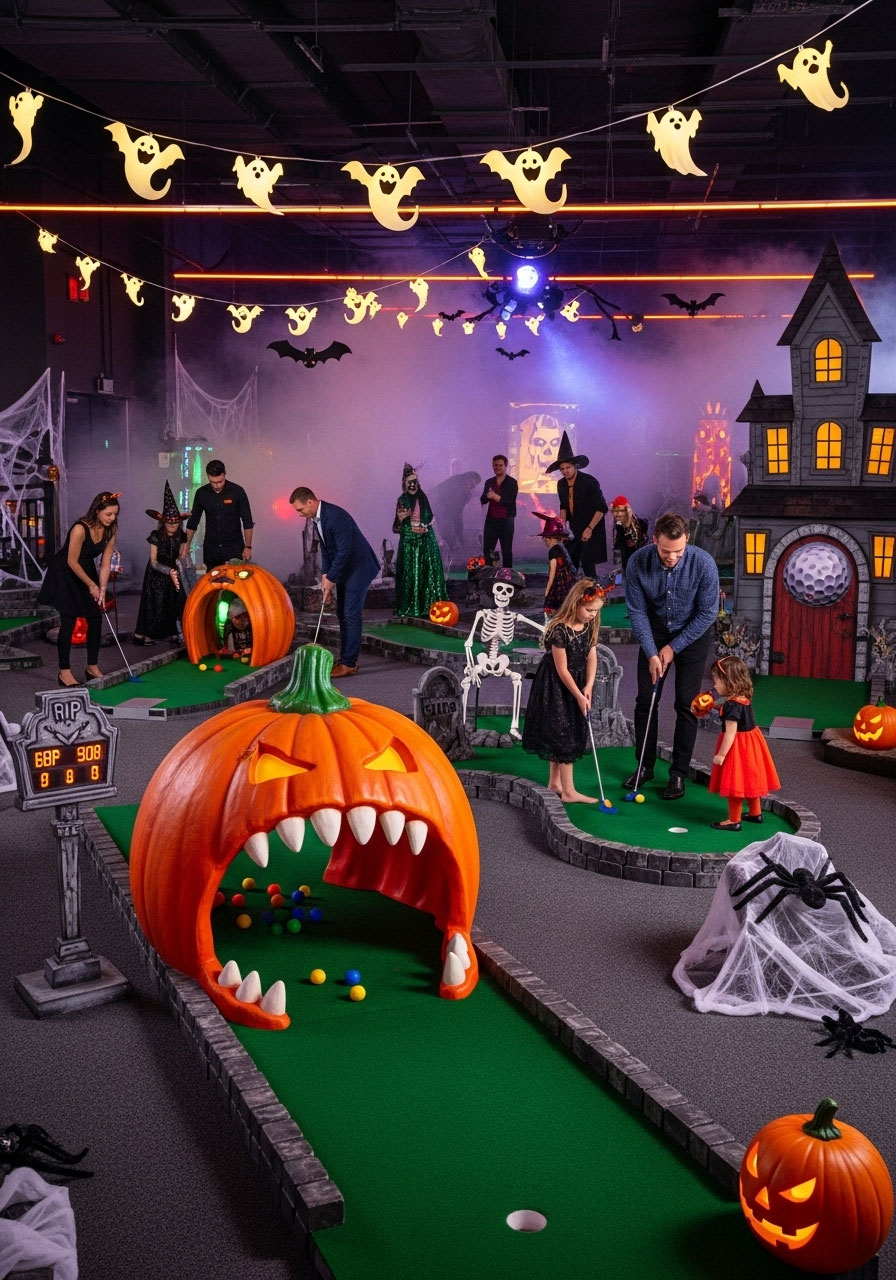Halloween monster mini golf carnival game with spooky obstacles and themed holes for party entertainment