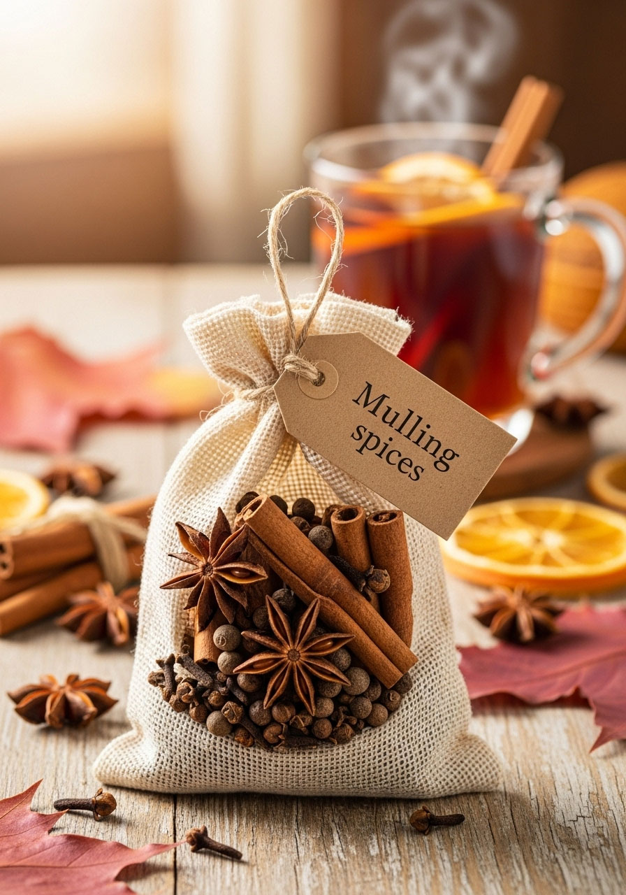 A DIY mulling spices kit in a muslin bag, a cozy and fragrant prize for a winter baby shower.