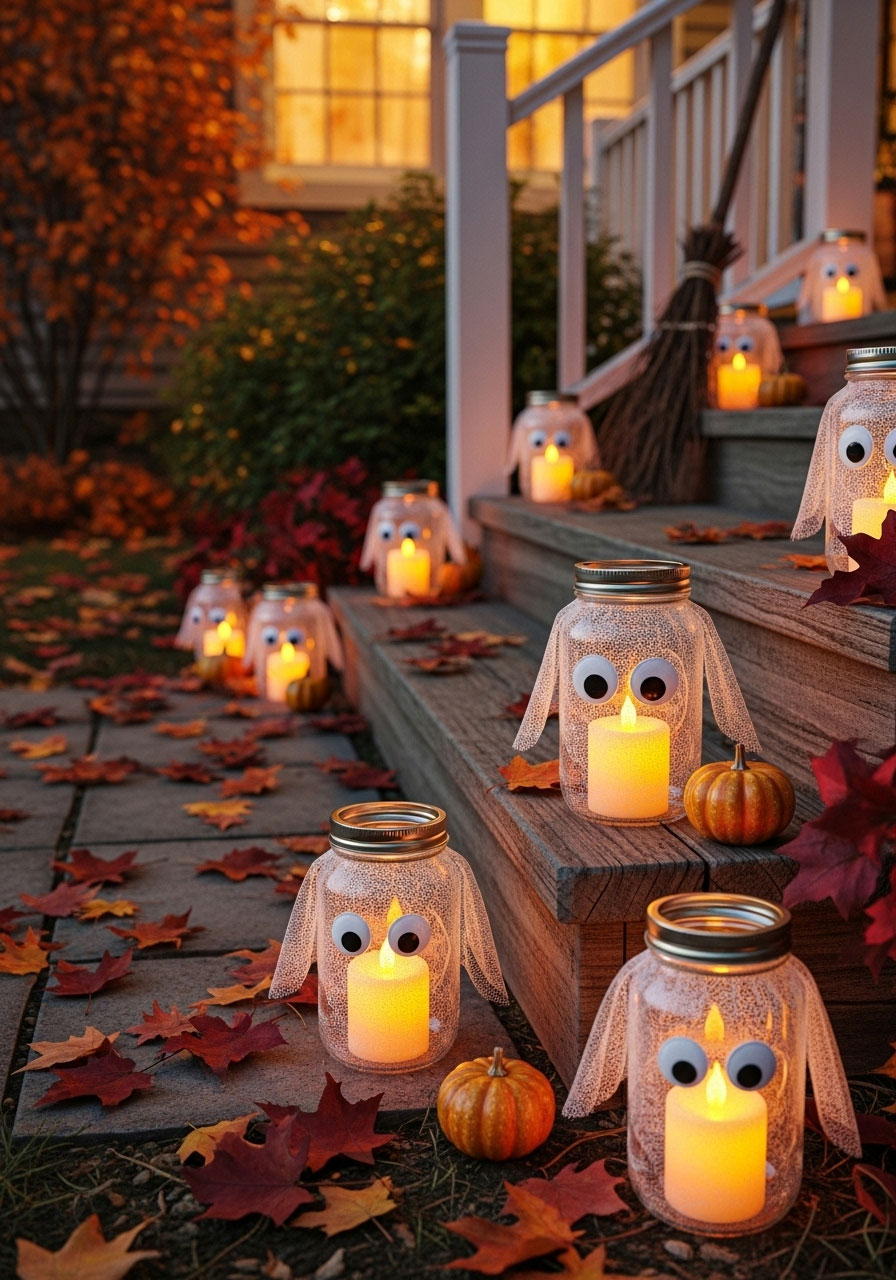 Mummy mason jar lanterns wrapped in gauze with LED lights lining walkway as affordable DIY Halloween decorations
