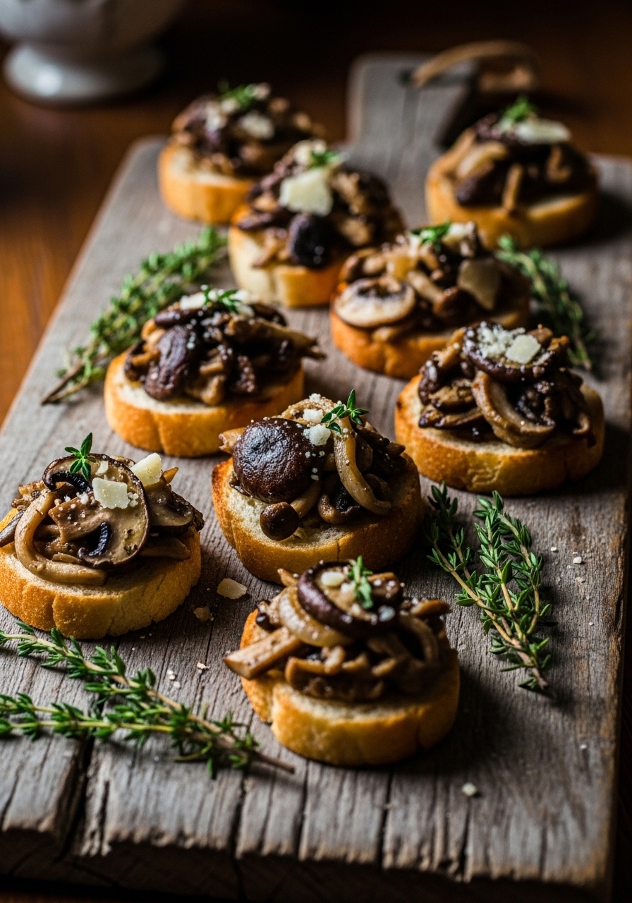 Rustic mushroom and thyme crostini served on a wooden board, garnished with fresh thyme sprigs for a woodland-themed baby shower.