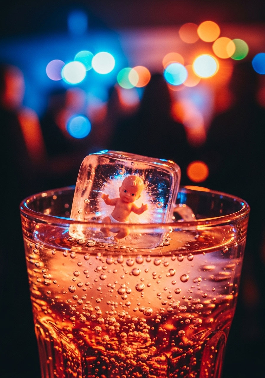 A close-up of a tiny plastic baby freed from a melted ice cube in a drink for the 'My Water Broke!' shower game.