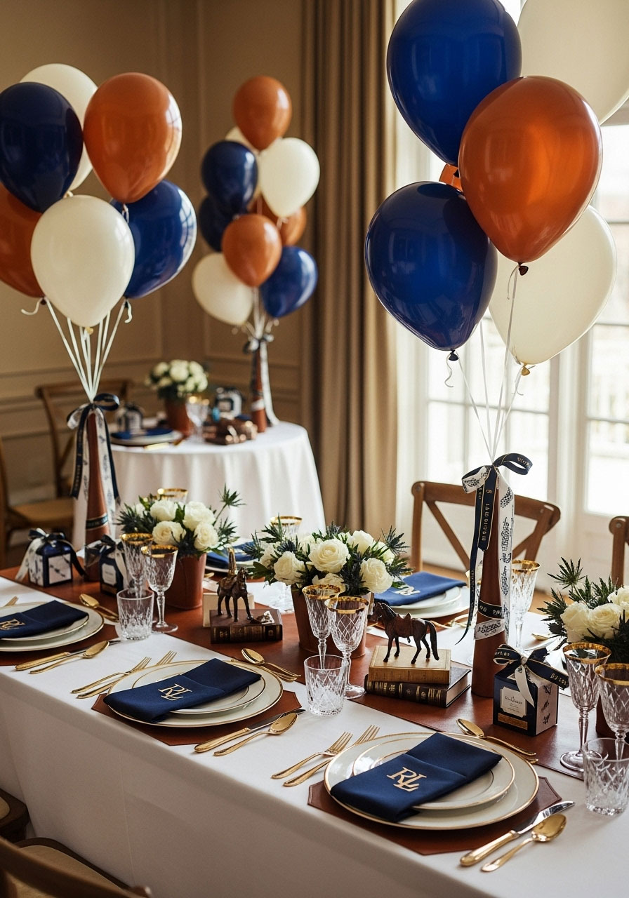 Sophisticated baby shower decor showcasing navy blue and cognac brown Ralph Lauren color palette with balloons and elegant table settings