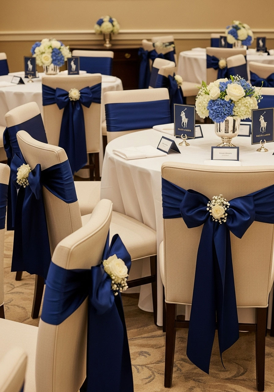 Elegant baby shower chair decorations featuring wide navy satin ribbon bows in varying styles with optional floral accents