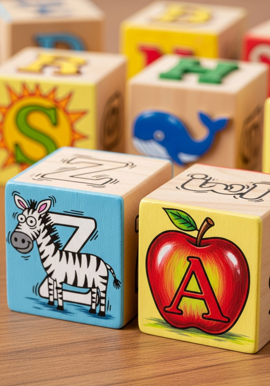 Custom-decorated alphabet blocks made by guests during the 'Nursery Construction Crew' baby shower game.
