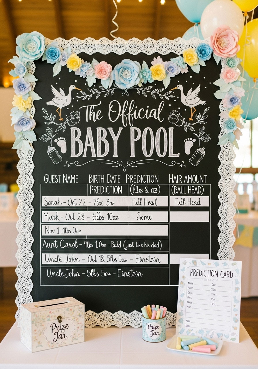 A large chalkboard with guests' predictions for the baby's birth stats for the Official Baby Pool game.