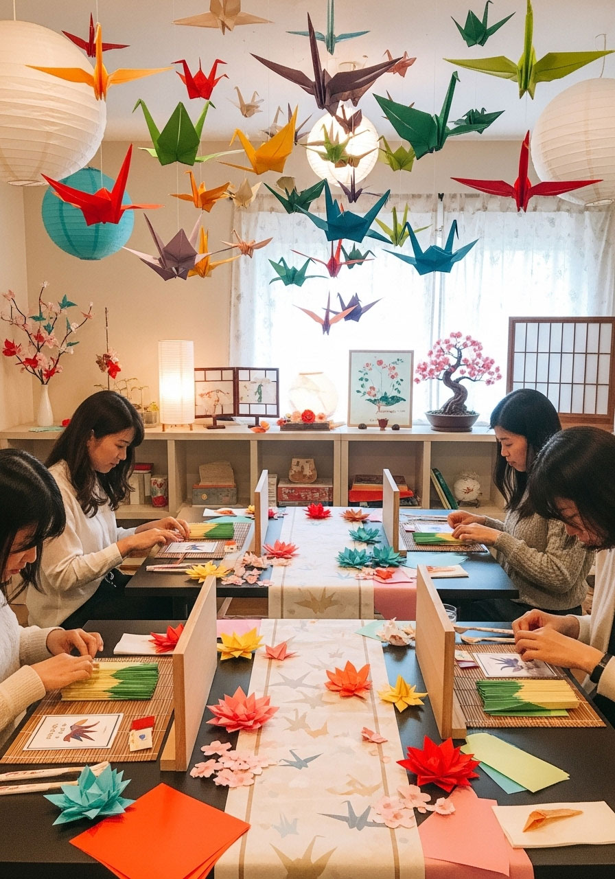 Origami wonderland baby shower with paper cranes, folding stations, colorful paper decorations and Japanese inspired craft themed party