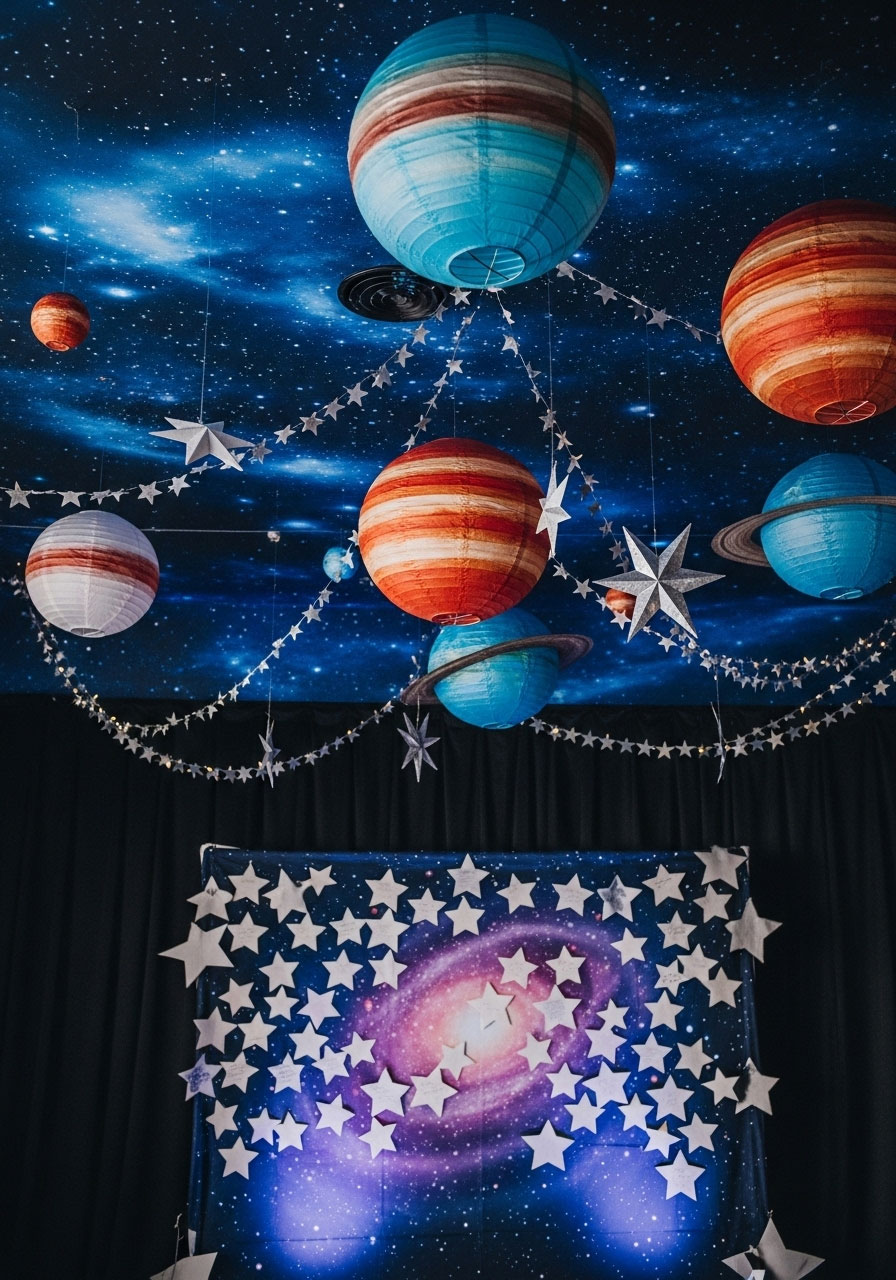 A cosmic outer space baby shower with paper lanterns painted like planets hanging from the ceiling and a galaxy backdrop for guest wishes.