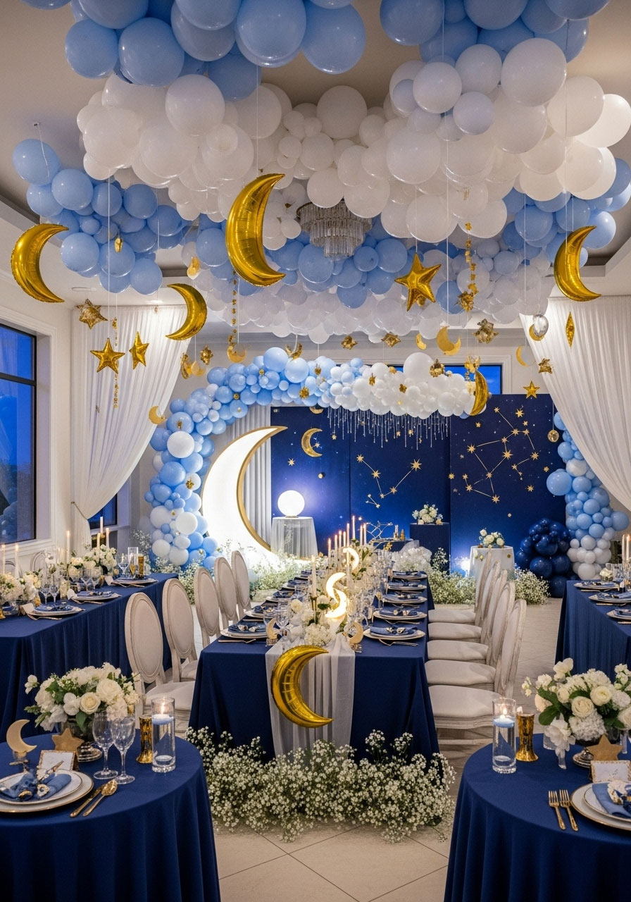 Dreamy over the moon gender neutral baby shower with navy gold moons, stars, and cloud balloons for breathtaking beauty