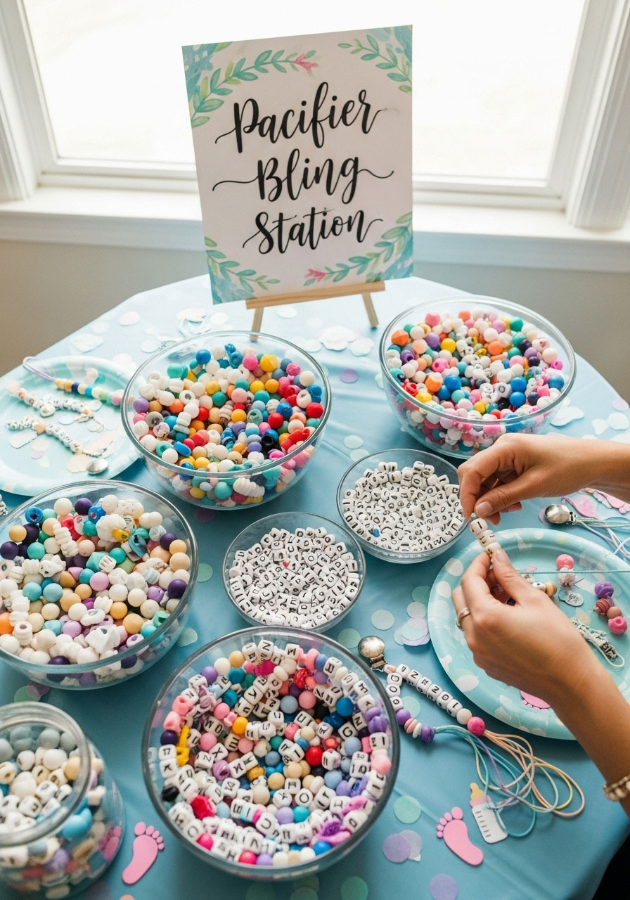 A guest creating a personalized pacifier clip with colorful beads at a DIY baby shower craft station.