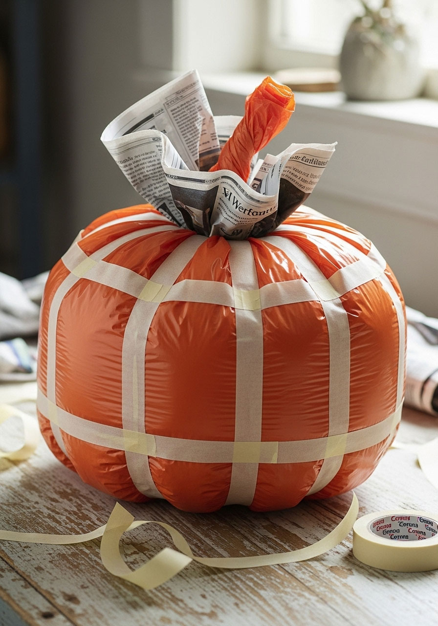 Garbage bag stuffed with newspaper and shaped with masking tape for DIY pumpkin base