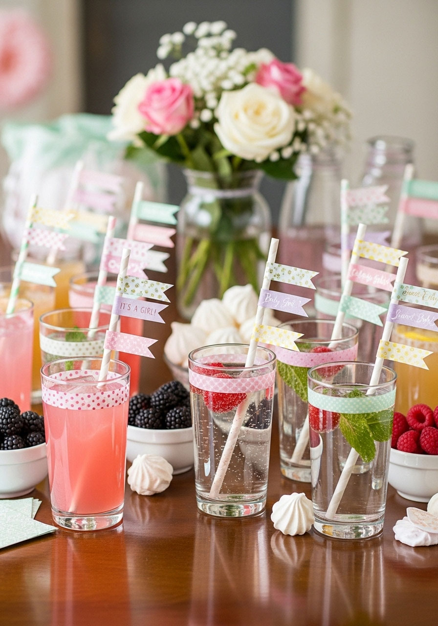 Washi tape flags on straws in drinks for a baby girl shower drink station.