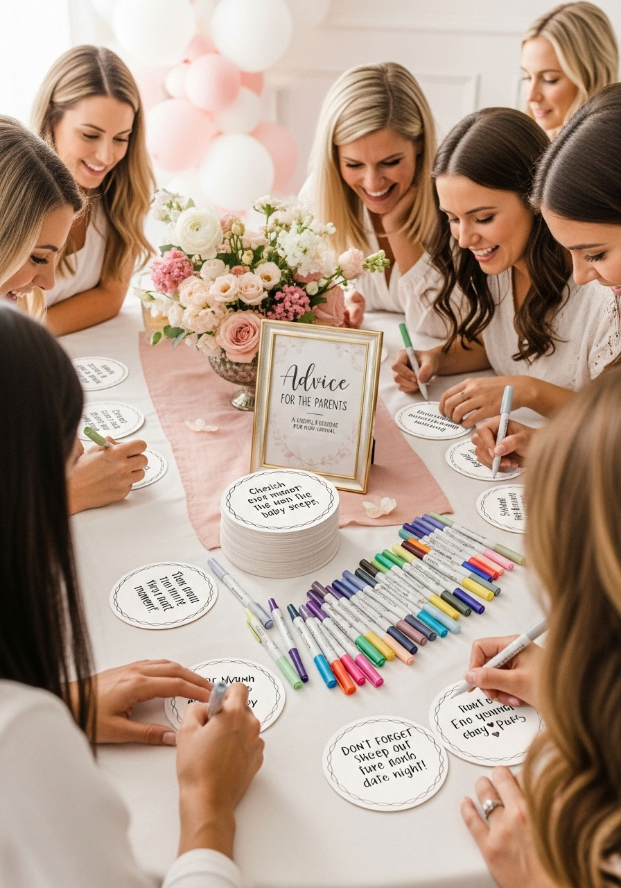 Blank paper coasters with markers for guests to write tips at a baby girl shower.