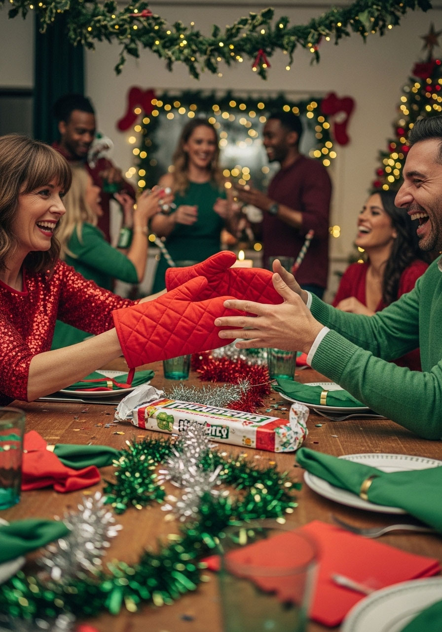Two players passing oven mitts during turn change in the Christmas candy bar dice game