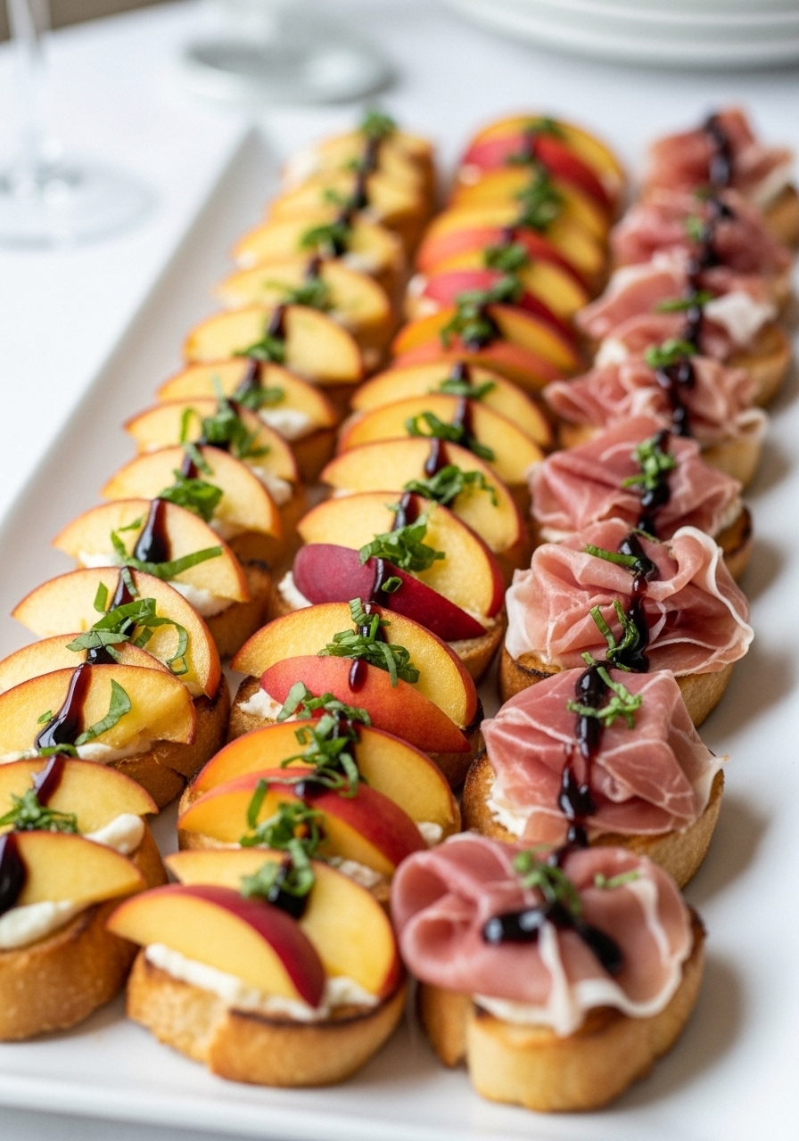 Beautiful peach, prosciutto, and basil bruschetta arranged on a platter, an elegant and fresh appetizer for a summer baby shower.