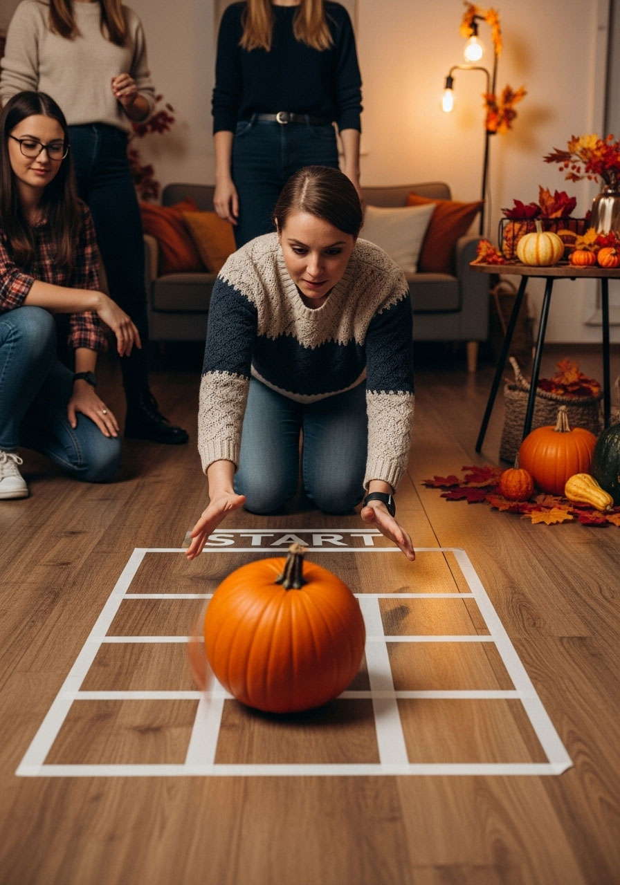 Person rolling real pumpkin across tape grid floor during exciting pumpkin roll thanksgiving party game