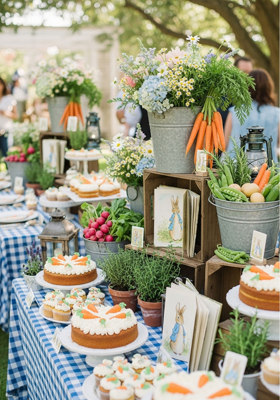 Whimsical Peter Rabbit baby shower with blue gingham tablecloths, carrot centerpieces, galvanized buckets and rustic garden party decorations