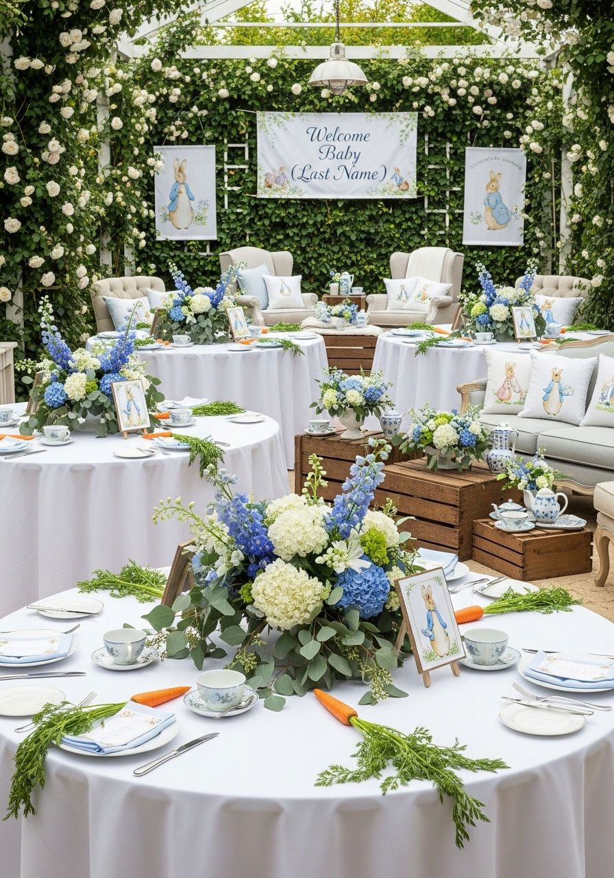 Timeless Peter Rabbit themed gender neutral baby shower featuring garden florals and carrot decor for rustic elegance