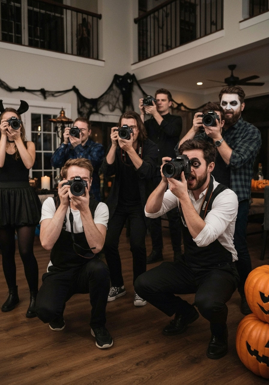 Halloween phantom photo scavenger hunt carnival game with teams using cameras to capture creative Halloween scenes