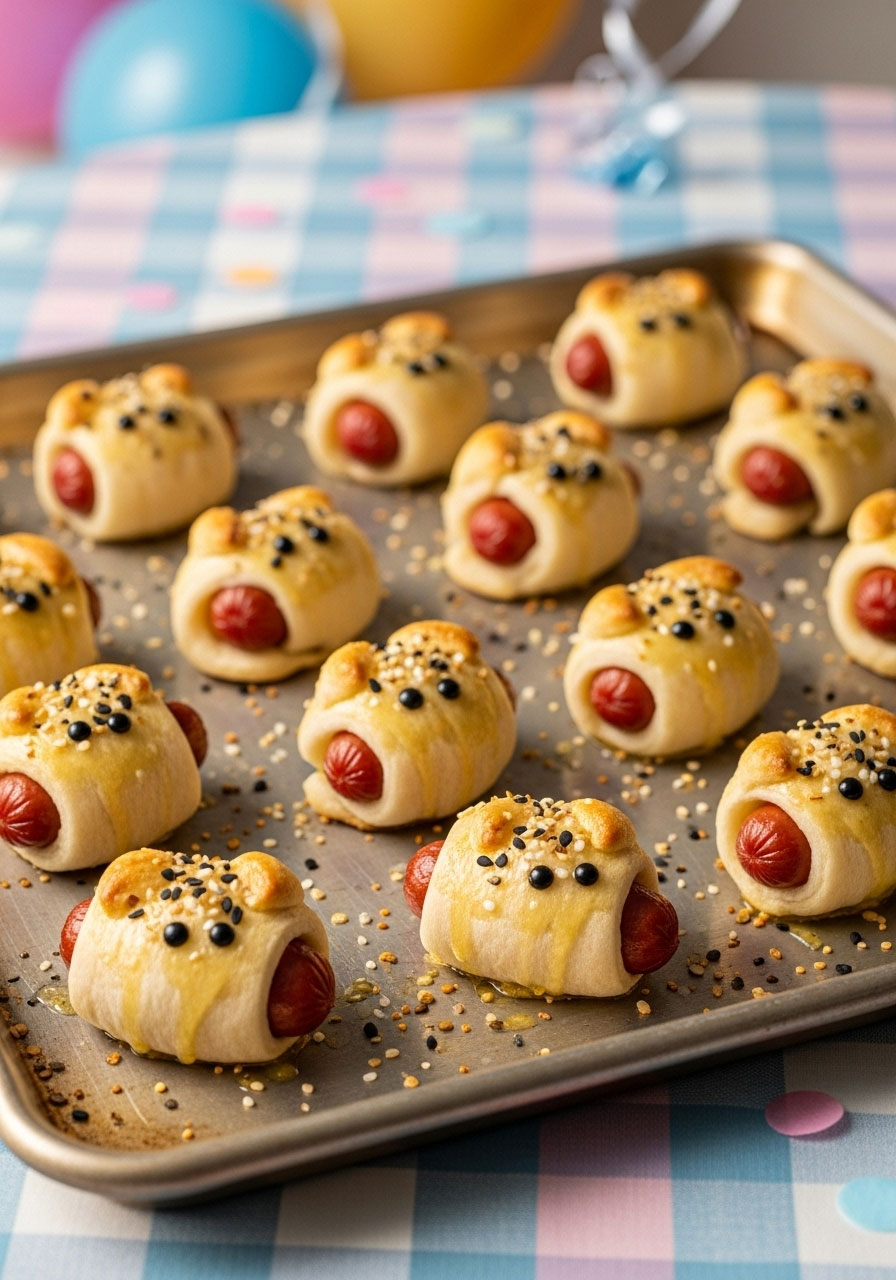 Cute pigs in a blanket decorated with everything bagel seasoning and two little dots for eyes, a fun baby shower snack.