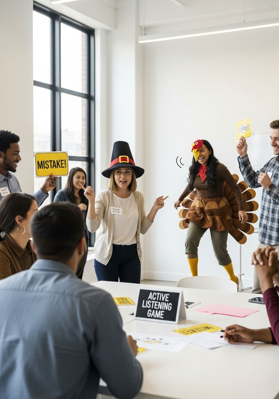 Pilgrim Says game with children following commands from leader during Thanksgiving play