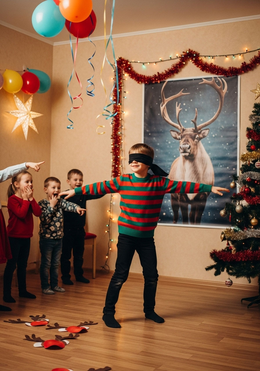Blindfolded child playing pin the nose on Rudolph Christmas party game with friends watching