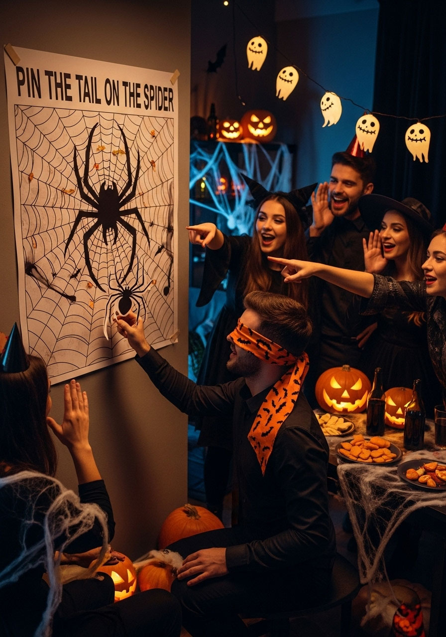 Halloween pin the spider on the web carnival game with blindfolded player and large spider web target poster