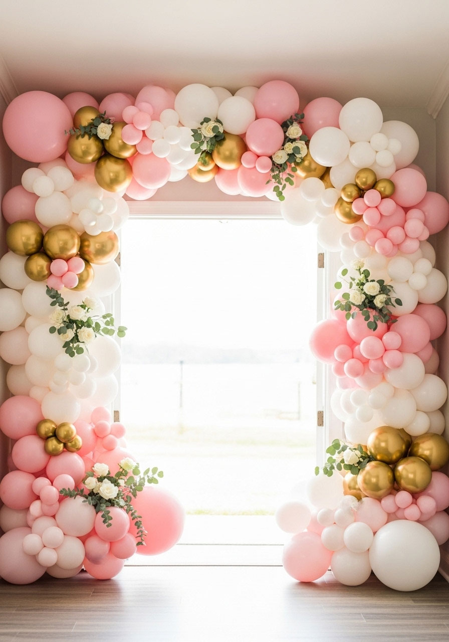 Pink, white, and gold balloons in various sizes on a strip, arched as a photo backdrop for a baby girl shower.