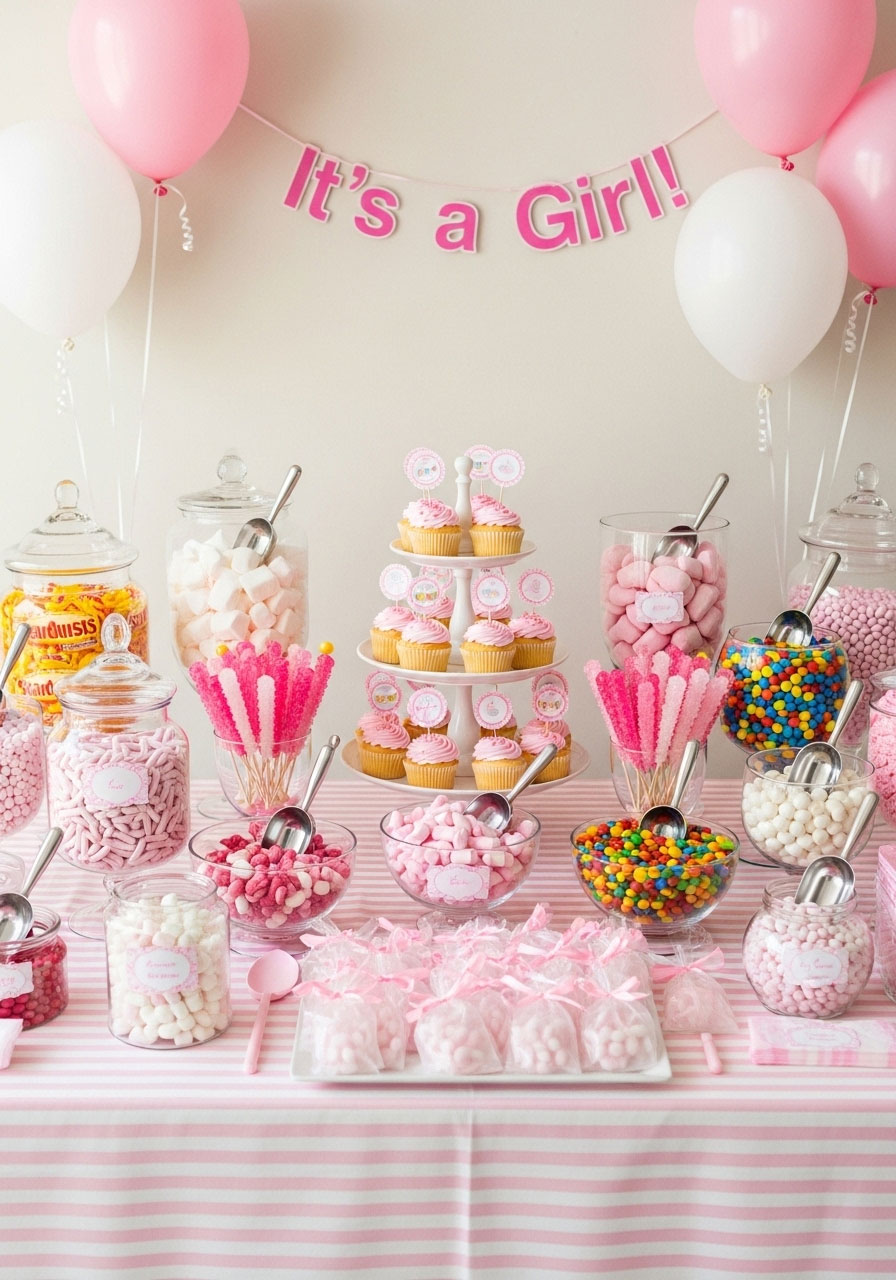 Glass jars with pink and white candies, scoops, and cellophane bags on a tablecloth for a baby girl shower candy buffet.