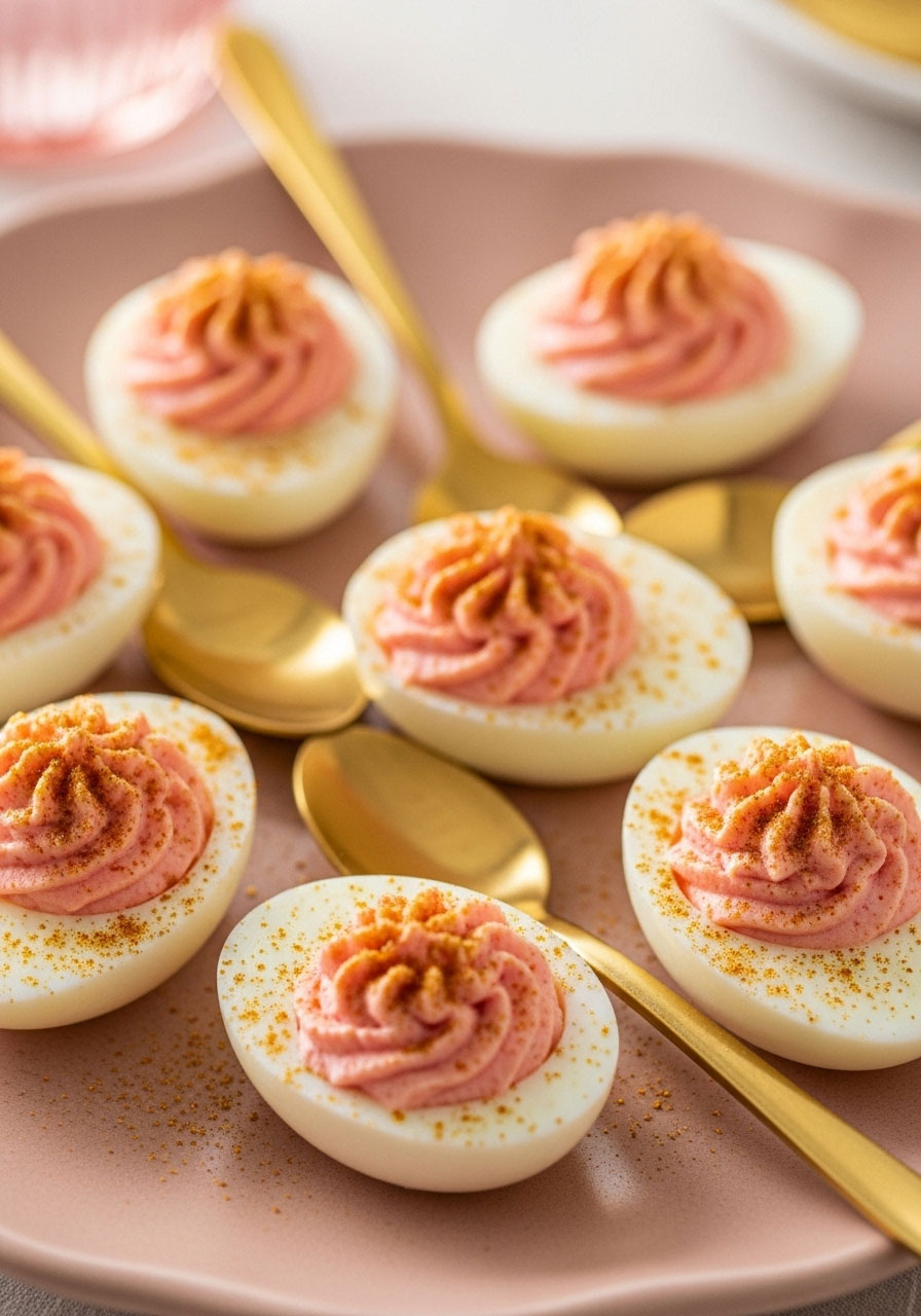 Elegant pink-tinted deviled eggs dusted with gold paprika served on pink platter for baby shower finger food