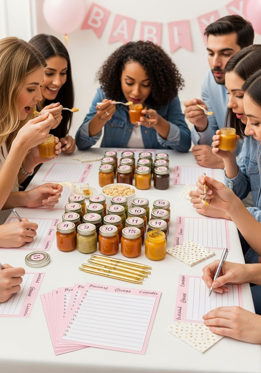 Baby shower guests playing baby food guessing game with pink scorecards and gold pens on decorated table