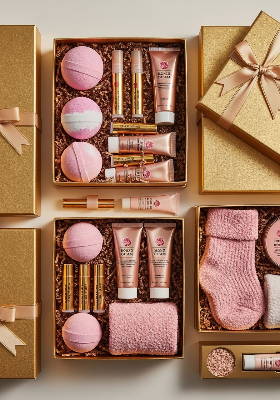 Luxury spa gift sets in gold boxes with pink bath bombs and rose-scented products for baby shower winners