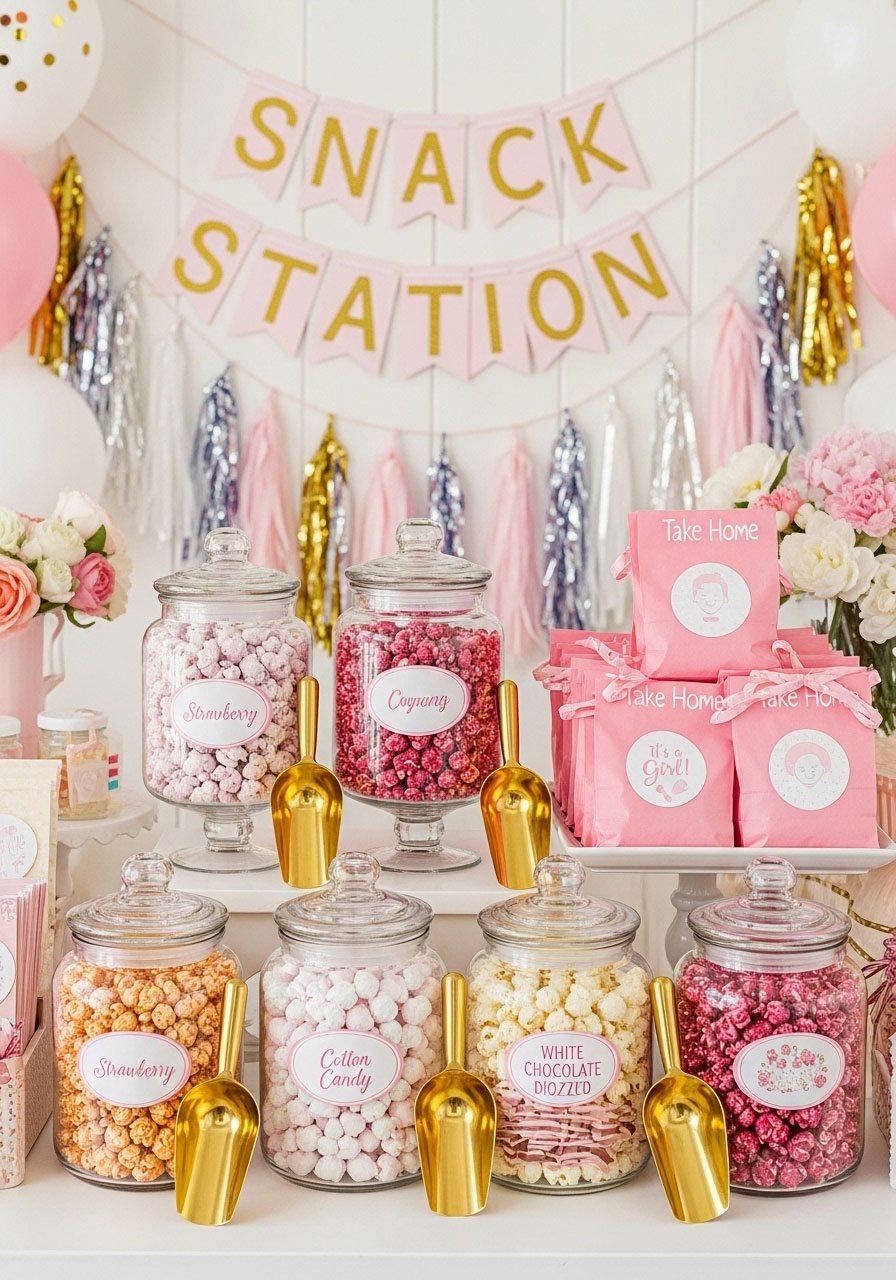 Pink-tinted popcorn in various flavors displayed in glass jars with gold scoops for baby shower treat station