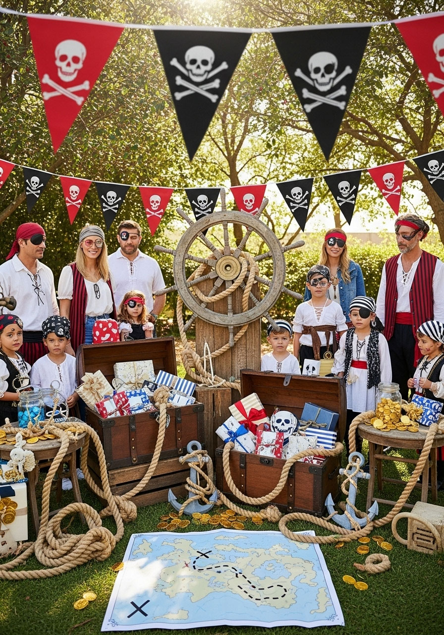 Pirate adventure baby shower with treasure chests, nautical flags, rope decorations and swashbuckling maritime themed party