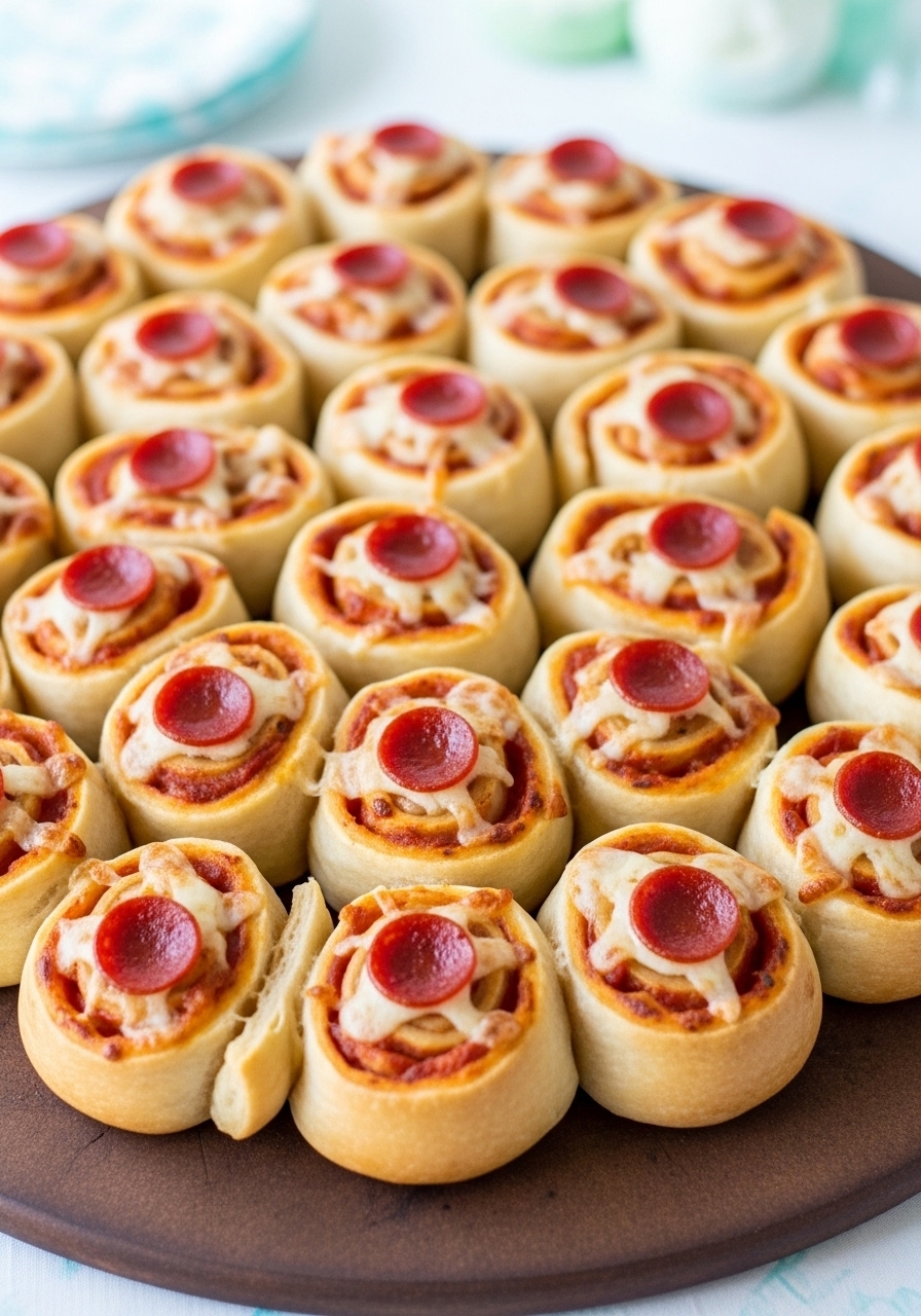 Fun and whimsical pizza pinwheels arranged in a circle on a platter to look like a sliced pizza, perfect for a baby shower.