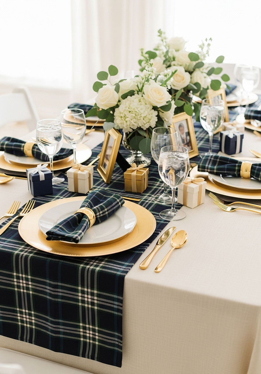 Elegant Ralph Lauren inspired plaid table runner in navy and green with gold charger plates for sophisticated baby shower dining