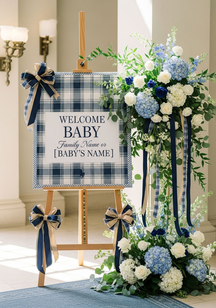 Beautiful baby shower entrance featuring large plaid welcome sign on easel with blue and white floral arrangement