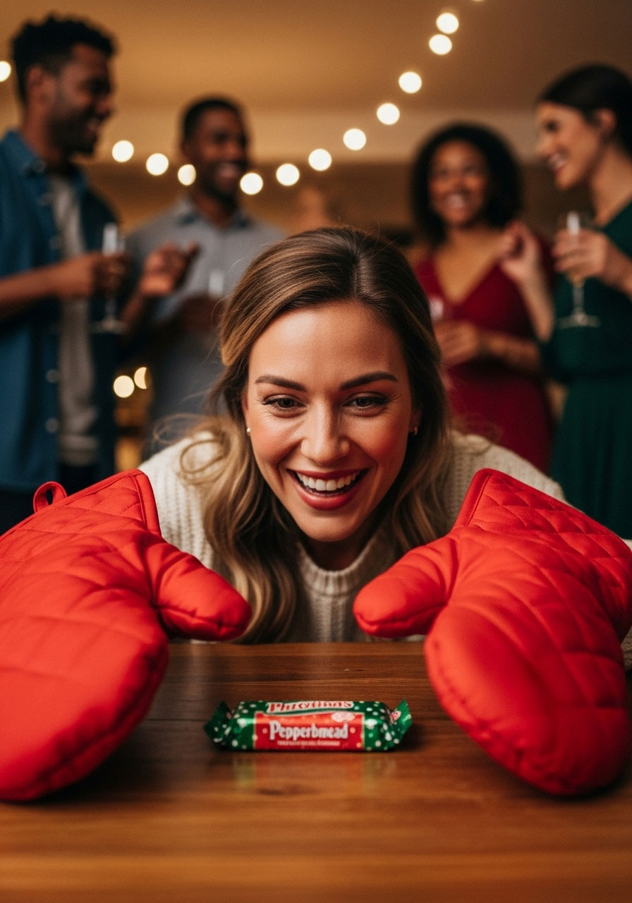 Party guest wearing oven mitts attempting to unwrap chocolate bar during Christmas candy bar game