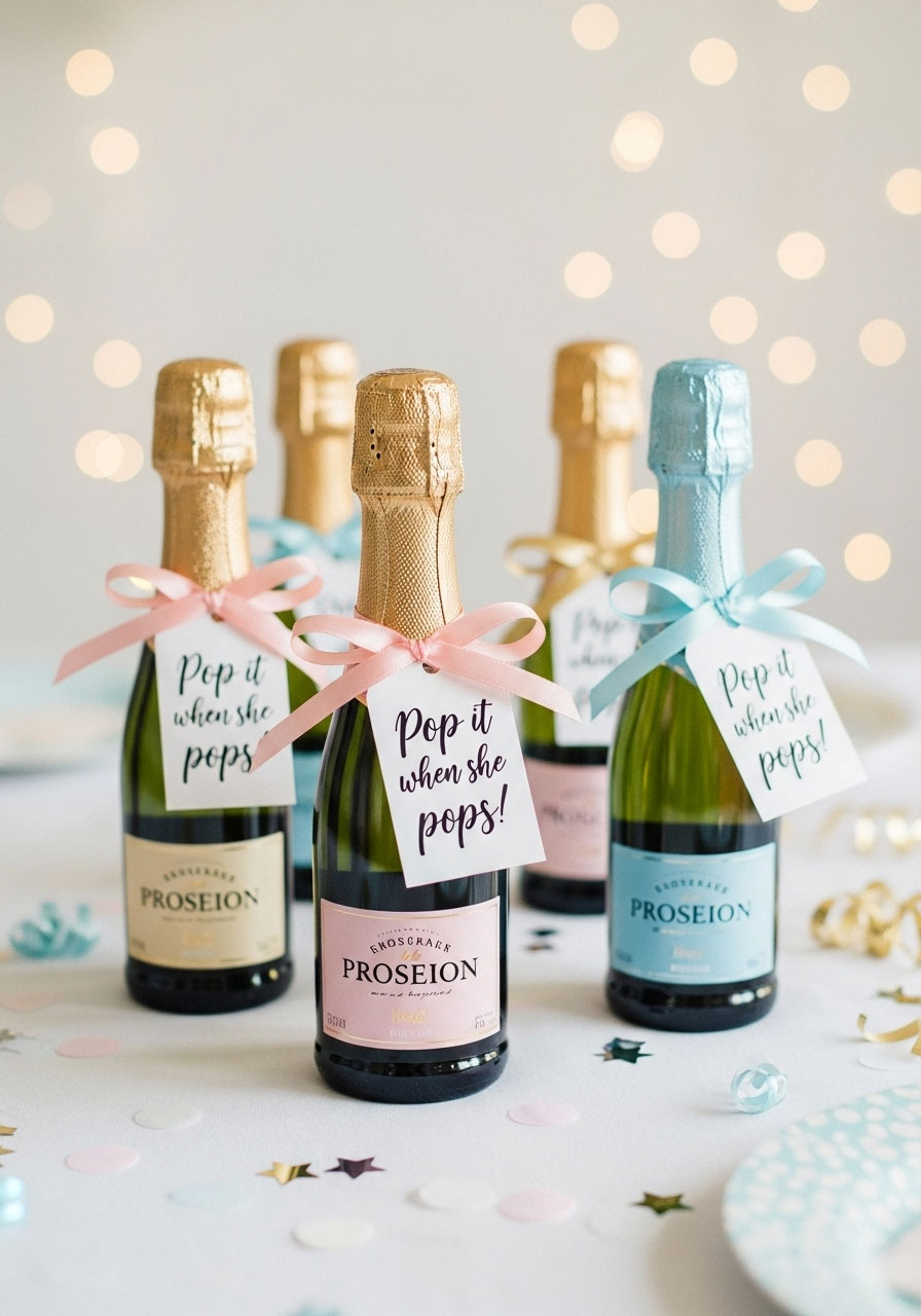 A mini bottle of champagne with a 'Pop it when she pops!' tag, a celebratory baby shower prize.